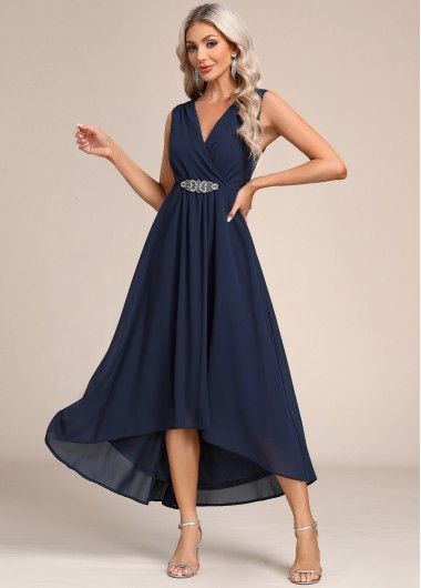 Black Tie Wedding Guest Dress Summer, Blue V-neck Cocktail Evening Dress, Royal Blue A-line Summer Dress, Blue A-line Cocktail Maxi Dress, Blue V-neck Chiffon Dress For Formal Occasions, Blue Pre-draped Cocktail Maxi Dress, Navy Blue Chiffon Dress, Blue Silhouette, Black Tie Wedding Guest Dress