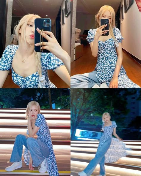 Rose Summer Outfit Blackpink, Rosé Dress Blackpink, Rosé Blackpink Dress, Rose Dress Outfit, Rosé Blackpink Outfit, Outfit Blackpink, Dress Over Jeans, Rosé Summer, Clothes Korean Style