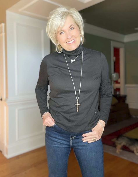 Over 40 Fashion Blogger, Tania Stephens is wearing a black turtleneck and silver jewelry Tania Stephens, Gray Funnel Neck Turtleneck For Fall, Casual Gray Turtleneck Sweater, Black Funnel Neck Trendy Turtleneck, Elegant Gray Turtleneck Sweater, Gray Relaxed Fit Turtleneck Top, How To Wear Turtleneck, Black Turtleneck Outfit, White Turtleneck Sweater