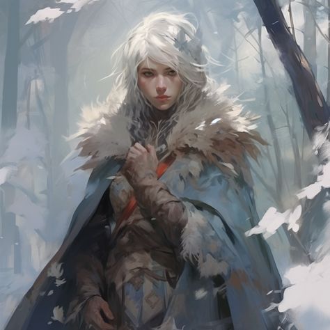 Winter Barbarian, Frost Druid Dnd, Snow People Fantasy Art, Dnd Winter Character Art, Female Winter Eladrin, Dnd Snow Character, Winter Ranger Dnd, Winter Elf Art, Winter Druid Dnd