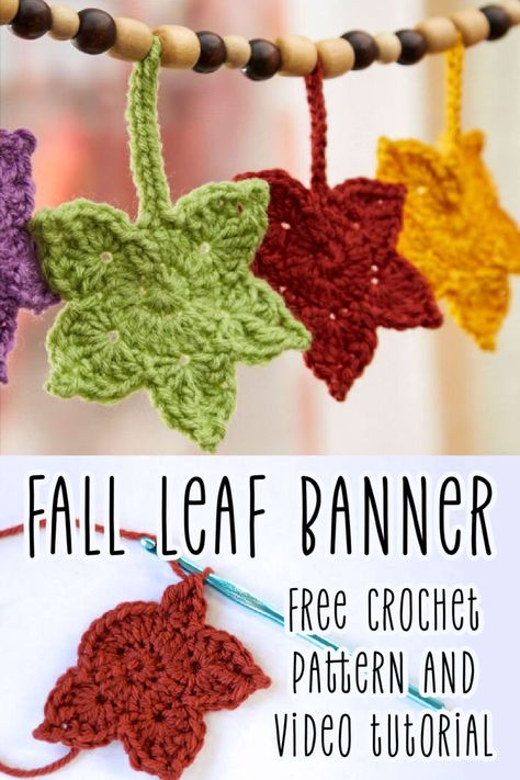 Looking for fresh inspiration to accent your autumn home? This crochet leafy banner is perfect in gorgeous fall shades, courtesy of Red Heart Super Saver. Want to swap out colors? No problem, with over 100 shades to choose from! Whether you hang it at the window, on the mantel, above the bed, or over your desk, this banner adds a natural vibe to any corner of the home. Watch and learn how to make your own Fall Leaf Banner - or just loose leaves - with the links and video on Moogly! via @moogly Crocheted Leaves, Susan Bates Crochet Hooks, Crochet Garland, Easy Crochet Patterns Free, Crochet Leaves, Crochet Fall, Crochet Decoration, Super Saver, Pattern Ideas