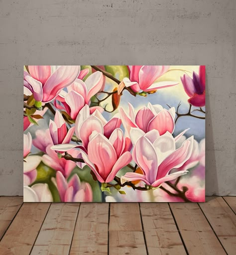 This painting is sold.  I'll do an author's copy under the order.  I can create a painting of the size you need. For any questions please contact me. *Title: Magnolia flowers  *Painting are signed by Author  *Type: Original Hand Made Oil Painting on Canvas.  *Condition: Excellent Brand new. *The painting is selling unframed *The sides are painted *Shipping ROLLED IN TUBE  I can make different painting of any size, similar to this. Please let me know if you are interested in personal order. Aproximate time of customed painting is about 6-7 weeks, because oil must be dry.  FREE shipping. In case you want another size, please email me and I will answer in couple hours  Thank you for visiting my gallery,  Anastasiia Large Abstract Flower Painting, Oil Painting Realistic, Magnolia Painting, Flower Acrylic Painting, Fruit Art Drawings, Painting Realistic, Pink Flower Painting, Botanical Flower Art, Flower Drawing Tutorials