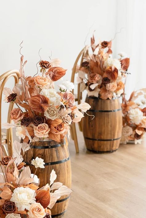 Ling's Moment Free-Standing Artificial Flower Arrangement (Set of 2) for Wedding Rust Sepia Archway Aisle Welcome Entryway Floral Fall Autumn Decor #autumn #wedding #sponsored #ad As an Amazon Associate I earn from qualifying purchases Barrel Flowers, Wine Barrel Decor, Wedding Aisle Runner, Rusting Wedding, Wedding Archway, Barrel Decor, Aisle Runner Wedding, Entrance Table, Aisle Runner