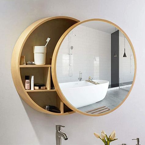 Mirror Sliding, Wood Mirror Bathroom, Small Bathroom Mirrors, Bathroom Mirror Design, Bathroom Mirror With Shelf, Bathroom Mirror Storage, Bathroom Cabinets Designs, Round Bathroom, Washbasin Design