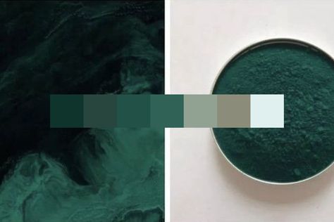 This color palette is inspired by a copper complex - Phthalocyanine Green G, aka Phthalo Green. It comprises seven shades of intense cool green with hints of blue, two sage hues, and one light shade of bluish green, brightening the palette. Phalto Green Color, Phthalo Green Room, Phthalo Green Paint, Phlato Green Color, Dark Shades Of Green, Pthalo Green Color Palette, Phthalo Green Color Palette, Pretty Shades Of Green, Phalto Green