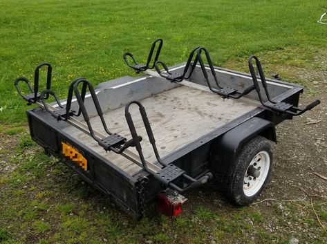 4 kayak trailer. 4 bolts and the J hooks are removed and the trailer can be used for other things! Kayak Bike Trailer, Kayak Transport, Kayak Equipment, Kayak Fishing Diy, Kayak Fishing Tips, Kayak Cart, Kayak Storage Rack, Kayak Trailer, Kayak Fishing Gear