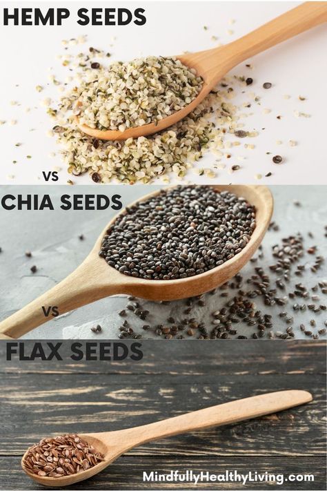 A photo with three separate photos stacked on top of each other each representing hemp seeds, chia seeds, and flax seeds. Each seed is on a different colored wooden table in a wooden spoon with the type of the corresponding name next to each. The hemp seeds at the top are light blond colored. Chia seeds are grey-colored. Flax seeds are amber-colored. At the bottom of the frame is MindfullyHealthyLiving.com in white text. Hemp Powder Benefits, Chia Vs Flax Seed, Flax Seed Pudding, Hemp Seed Benefits, Sunflower Seed Recipes, Hemp Seed Recipes, Flax Seed Benefits, Chia Benefits, Seeds Benefits