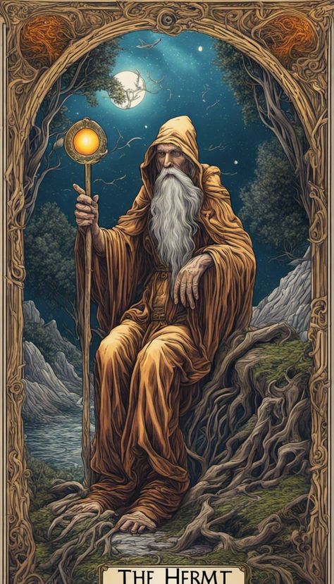 Tarot Card : The Hermit - AI Generated Artwork - NightCafe Creator Tarot Cards The Hermit, Hermit Aesthetic, Hermit Tarot, Android Jones, The Hermit Tarot, The Hermit, Alex Grey, Art Generator, Online Painting