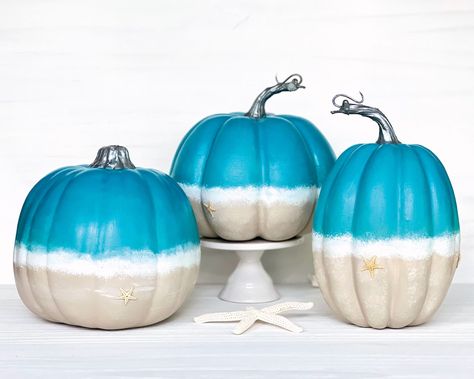 Coastal Thanksgiving Decor, Coastal Fall Decor Ideas, Coastal Thanksgiving, Coastal Pumpkins, Decoupage Pumpkins, Coastal Fall, Fall Beach, Fake Pumpkins, Coastal Gardens