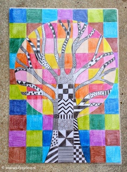 Juf Jaydee: De boom - vakjes, patronen en kleurcontrast Boom Kunst, 5th Grade Art, High School Art, School Art Projects, Middle School Art, Camping Art, Elements Of Art, Autumn Art, Art Club