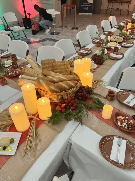 Confirmation Celebration Ideas, Agape Feast Table Decorations, Bible Party Ideas, Christian Friendsgiving Ideas, Parade Of Tables Themes Church, Feast Of Dedication Decorations, Seder Table Decorations Ideas, First Fruits Church Decorations, Church Fellowship Ideas