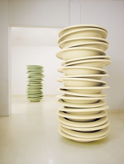 Robert Therrien. no title (stacked plates, butter)’, 2006 & ‘no title (stacked plates, mint)’, 2006, via Gagosian Gallery Robert Therrien, Stacked Plates, Robert Smithson, Simple Objects, Gagosian Gallery, Simple Object, Table Chairs, Plate Art, Design Magazine