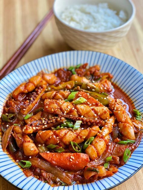 Ojingeo Bokkeum, Fried Squid, Radish Kimchi, Bowl Of Rice, Fried Plantains, Spicy Rice, Spicy Seasoning, Korean Cooking, Spicy Korean