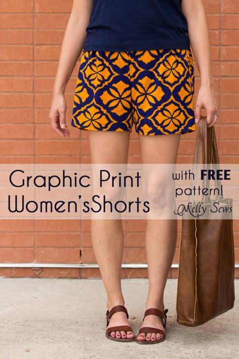 Sew Womens Shorts with this FREE pattern and tutorial - Graphic Print Shorts by Melly Sews Shorts Pattern Free, Melly Sews, Sewing Patterns Free Women, Sewing Shorts, Trendy Sewing Patterns, Sewing Pants, Shorts Pattern, Shorts Tutorial, Summer Sewing