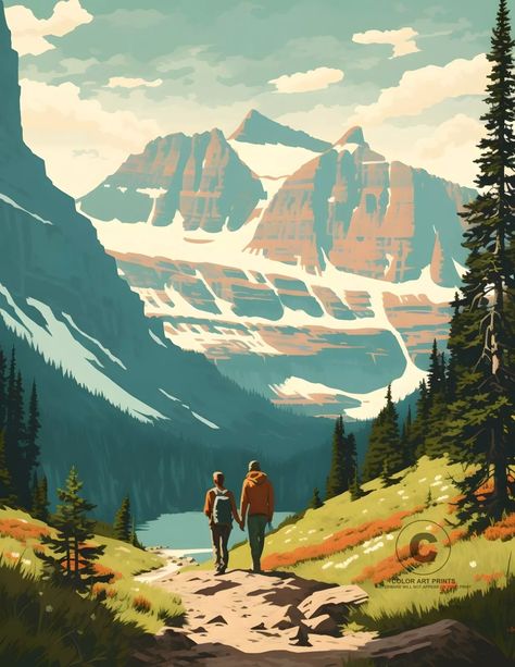 Glacier National Park Montana Mountain Hiking Giclée Art Print 8.5X11 | eBay Vintage Hiking Poster, Glacier National Park Painting, Montana Aesthetic, Recital Poster, Montana Art, Montana Mountains, Goat Art, Adventure Print, Glacier National Park Montana