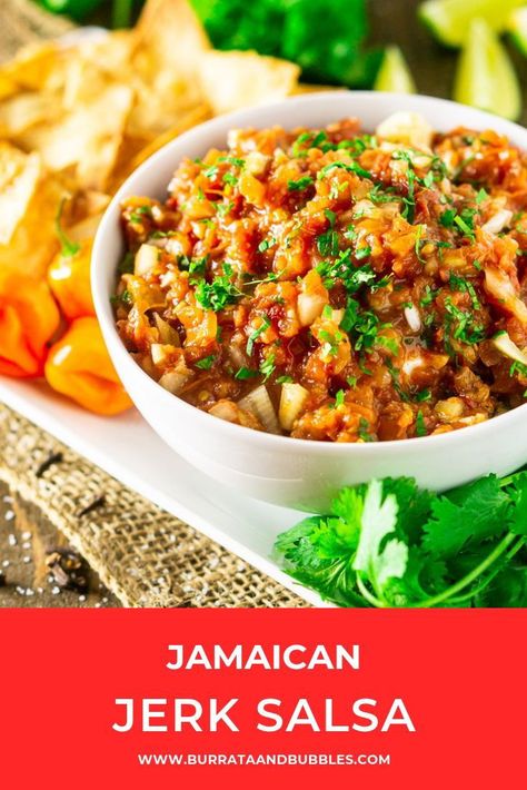 Love homemade salsa and Jamaican jerk sauce? You'll love when they come together in this Jamaican jerk salsa. This roasted tomato salsa is full of rich spices and the perfect easy appetizer recipe. #jamaicanjerksalsa #jamaicanjerksauce #jerksauce #homemadesalsawithfreshtomatoes #roastedsalsarecipe #jerksalsa Jamaican Appetizers, Jamaica Party, Roasted Salsa Recipe, Jamaican Jerk Sauce, Delicious Sauces, Jerk Sauce, Compound Butters, Roasted Tomato Salsa, Easy Salsa Recipe