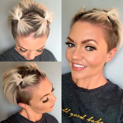 Space Buns Pixie Hair, Undercut Medium Length Hair Women, Womens Undercut Hairstyles, Pixie Space Buns, Space Buns With Undercut, Undercut Updos, Undercut Updo Hairstyles, Half Shaved Hair Short, Undercut Updo