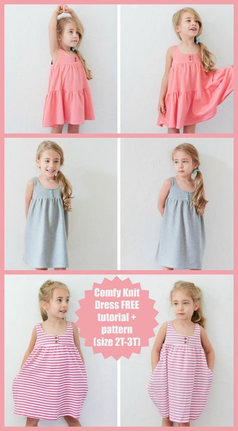 Comfy Knit Dress FREE tutorial + pattern (size 2T-3T). There are two versions of this quick and easy to throw on dress, one with a flouncy, twirly 2 tier skirt and one with a less full single-tier skirt with side seam pockets. Like the original top, the designer made these dresses using knits because they're so soft, stretchy, and comfy. This tutorial includes printable bodice pattern pieces to sew a size 2T-3T dress {plus tips on how to make other sizes} and step by step directions for making t Tiered Dress Pattern, Knit Dress Pattern, Sassy Dress, Girls Dress Sewing Patterns, Bodice Pattern, Girl Dress Pattern, Dress Tutorials, Free Girl, Sewing Patterns For Kids