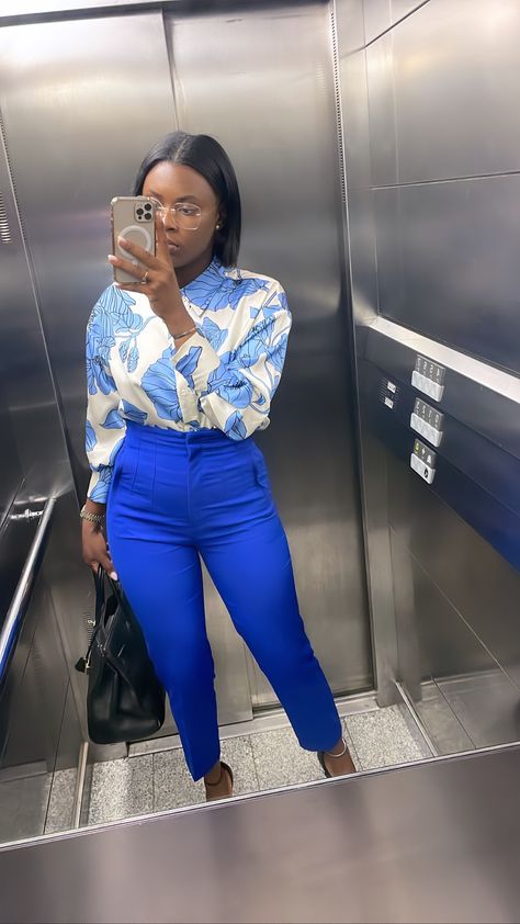 Blue Professional Outfit, Shades Of Blue Outfits For Women, Navy Blue Slacks Outfit Women, Royal Blue Pants Outfit Work, Business Casual Outfits For Black Women, Work Baddie, Work Event Outfit, Event Outfit Ideas, Stylish Business Outfits