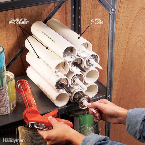 Caulk Tube Nest - Before I made this caulk nest for myshop, the tubes rolled all overthe shelves like slippery logs.To build one, cut 10-in.-longpieces of 2-in. PVC pipe andglue them side to side withPVC cement. To get straightglue lines, use the print alongthe side of the pipe as a guide.As you glue, hold the piecestogether for 60 seconds withhand pressure or a clampuntil the glue sets. Be sure toapply the glue only in a well-ventilatedarea. Glue on onetube at a time to fit theavailable space. Gutter Cleaner, Pvc Pipe Crafts, Pvc Pipe Projects, Handyman Projects, Pvc Projects, Bra Hacks, Table Saw Accessories, Garage Tools, Shop Organization