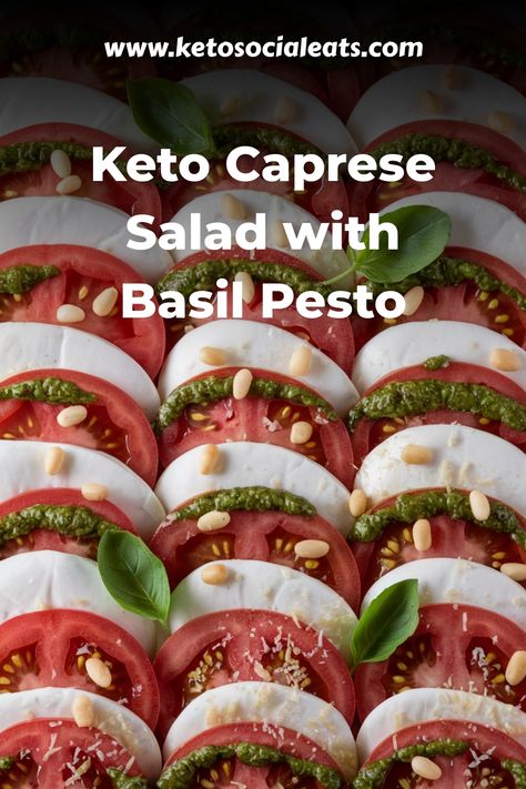 Keto Caprese salad with layers of tomatoes, mozzarella, basil, and pesto, topped with pine nuts. Caprese Pesto Salad, Keto Caprese, Almond Crusted Chicken, Crusted Chicken Tenders, Butter Chicken Curry, Caprese Salad Recipe, Pesto Salad, Avocado Soup, Keto Salad