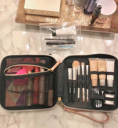 what makeup to pack in your carry on Long Flight Tips, Celebrity Hairstylist, Her Makeup, Travel Bag Organization, Celebrity Hair, Long Flights, Celebrity Hair Stylist, A Celebrity, Leather Products