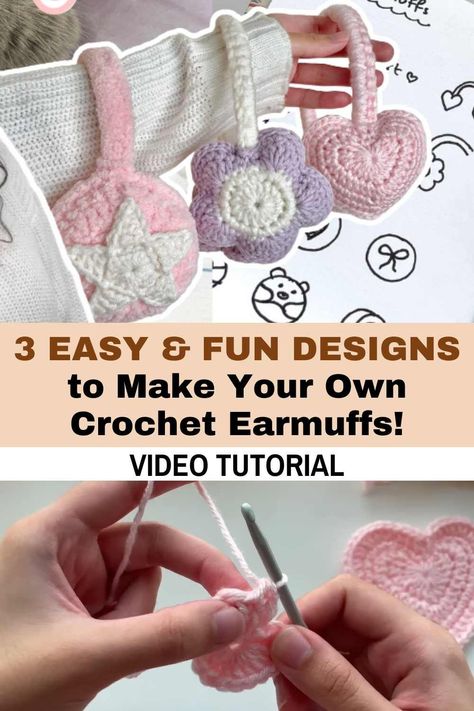 In this tutorial, we will be transforming plain headbands into stylish and cozy crochet earmuffs! You'll learn how to make three different designs: heart-shaped, circle-shaped with a star on it, and daisy flower-shaped. The great thing about this project is that you can use any type of yarn you prefer.However, it's important to keep in mind that the type of yarn you choose will affect the number of rounds or rows you will need to do, and the method you use to crochet around the headband. Heart Crochet Earmuffs, Ear Muffs Crochet Pattern Free, Earmuff Crochet Pattern, Crochet Earmuffs Headband, How To Crochet Earmuffs, Crochet Earmuff Headband, Crochet Earmuffs Pattern, Crochet Heart Headband, Crochet Ear Muffs Free Pattern