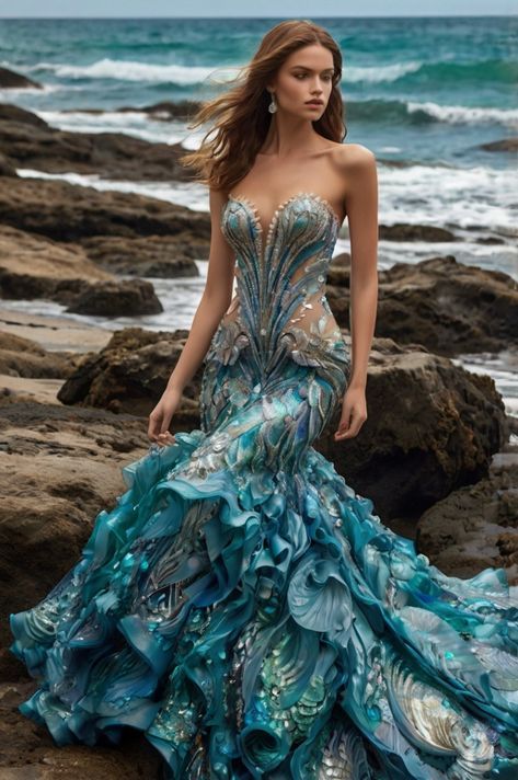 Ocean Goddess Dress, Ocean Ball Gown, Most Beautiful Dresses In The World, Water Element Outfit, Mermaid Theme Dress, Mythical Dresses, Ocean Inspired Dress, Ocean Themed Dress, Under The Sea Dress