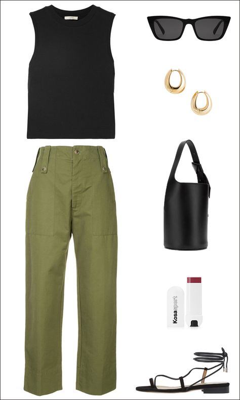 Khaki Linen Trousers Outfit, Green Pants Outfit Summer, Green Khaki Pants Outfit, Green Linen Pants Outfit, Outfit Semiformal, Olive Green Pants Outfit, Emme Parsons, Green Khaki Pants, Khaki Pants Outfit