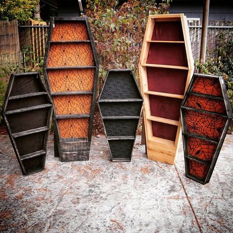 Vendor Spotlight: Coffin Collector   Tom (@coffincollector) hand builds coffin shelves in a variety of sizes with various colors and patterns. The perfect way to display your potions, wet specimen, or crystals.  Come see Tom in person during our holiday Market Obscura on Saturday,  November 16th from 2-8pm at Vitalidad Movement Arts Center. Spooky Vendor Booth, Gothic Vendor Booth, Oddities Vendor Booth, Halloween Vendor Booth, Wet Specimen Display, Halloween Vendor Booth Ideas, Dnd Display, Art Vendor, Coffin Shelves