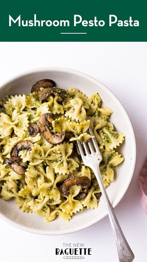 Pasta with sautéed mushrooms and vegan basil pesto is a simple weeknight dinner that always hits the spot. thenewbaguette.com #mushroompasta #pestopasta #veganpastarecipes #veganpesto Baguette Recipes, Vegan Basil Pesto, Mushroom Pesto, Basil Pesto Pasta, Mushroom Recipes Pasta, Sautéed Mushrooms, Pesto Pasta Recipes, Potato Pasta, Vegan Pesto