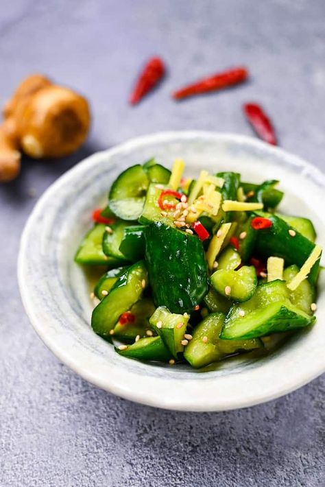 Japanese Pickled Cucumber with Ginger (Kyuri Tsukemono) - Sudachi Recipes Tsukemono Recipe, Smashed Cucumber Salad, Spicy Cucumber Salad, Japanese Cucumber, Japanese Pickles, Mini Cucumbers, Authentic Chinese Recipes, Cucumber Recipes, Pickling Cucumbers