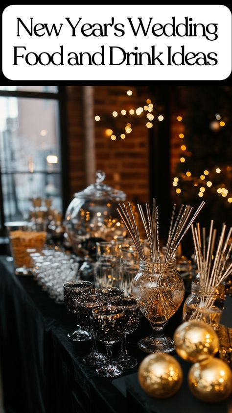 New Year’s Eve wedding drink station with unique cocktails and personalized drink stirrers. Black And Gold New Years Eve Wedding, Creative Wedding Food Stations, Drink Station Party, New Year’s Eve Wedding, Party Drink Table, Wedding Drink Table, Cocktail Station Bar, Wedding Drink Menu Sign, Beverage Station Party