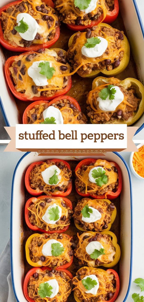 Transform dinner with these vibrant Stuffed Bell Peppers! Filled with a savory blend of ground meat, rice, and spices, they make for a deliciously satisfying meal that’s as nutritious as it is colorful! Bellpepper Dinner Ideas, Stuffed Bell Peppers Deconstructed, Stuffed Bell Peppers Traditional, Stuffed Bell Peppers With Riced Cauliflower, Stuffed Bell Pepper Casserole With Cauliflower Rice, Stuffed Bell Pepers, Bell Pepper Recipes, Ground Meat, Kidney Beans