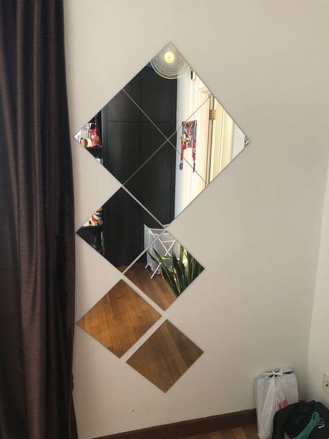 Mirror Tile Ideas, Mirror Design Ideas, Square Mirror Wall Decor, Wall Decor Hallway, Square Mirror Wall, Mirror Tile, Decor Hallway, Hallway Wall Decor, Mirror Design