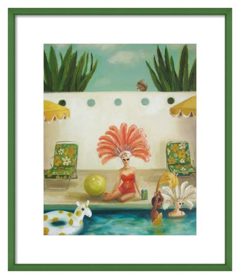 Poolside on Artfully Walls Resort Photoshoot, Beachy Art, Janet Hill, Lighthouse Pictures, Naive Illustration, Vintage Inspired Art, Gold Poster, Whimsical Paintings, Primary Bathroom