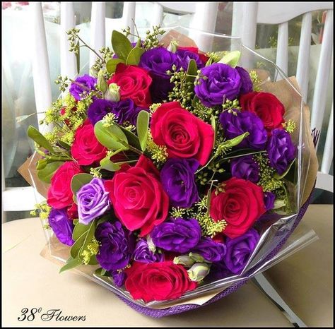 Purple and red Purple Flower Bouquet, Roses And Violets, Ribbon Flowers Bouquet, Purple Bouquets, Red Rose Bouquet, Tulip Bouquet, Purple Tulips, Spring Color, Purple Ribbon