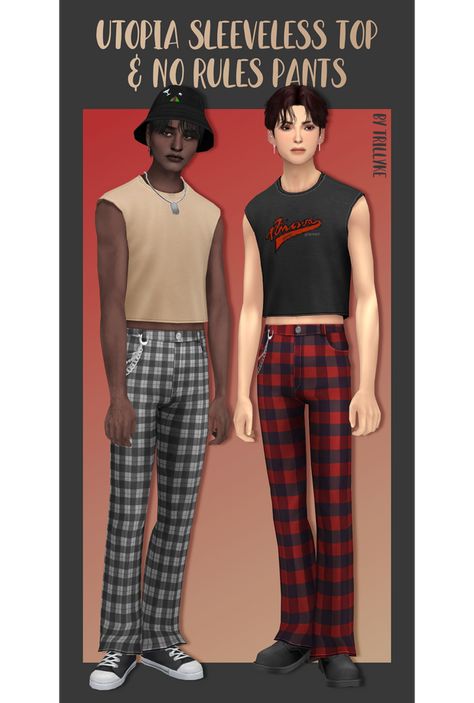 Utopia Sleeveless Top & No Rules Pants | Trillyke on Patreon Men Crop Top, Sims 4 Men Clothing, Sims 4 Male Clothes, Sims 4 Mm Cc, Sims 4 Cc Folder, Sims 4 Characters, Sims 4 Mm, Sims4 Clothes, Sims 4 Cc Packs