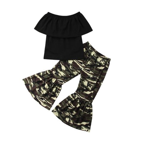 Camo Flare Pants, Bell Bottom Outfits, Bottom Outfits, Western Baby Clothes, Baby Clothes Country, Black Off Shoulder Top, Camo Outfits, Camo Baby Stuff, Camo Girl