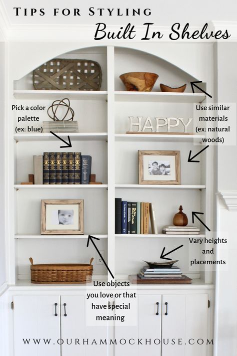 Tips on how to style built in shelves and open shelving.  Style your shelves to create the perfect "shelfie"! #builtinshelves #openshelves #bookshelves #builtins #designtips Style Built In Shelves, How To Style Built In Shelves, Styling Built In Shelves, Styling Bookshelves, Lots Of Books, Built In Shelves Living Room, Shelf Decor Living Room, Styling Shelves, Decorating Bookshelves