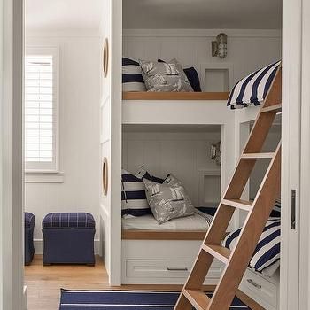 Beach House Bunk Room, Blue Boys Bedroom, Boys Room Blue, Bunk Bed Ladder, Modern Bunk Beds, White Bunk Beds, Blue And White Pillows, Bunk Beds Built In, Wooden Bunk Beds