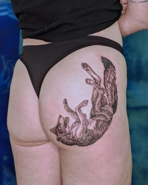 Animal Stomach Tattoos, Wolverine Tattoo Animal, Cowbell Tattoo, Wolf Hip Tattoo, Canine Tattoo, Therian Tattoo, Long Neck Dinosaur Tattoo, She Wolf Tattoo, Above Knee Tattoo Words