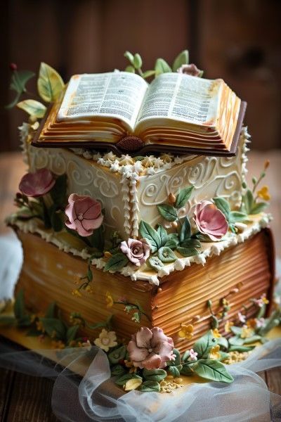 Christian Cakes Ideas, Book Cakes Ideas, Cakes That Look Like Real Things, Book Themed Cakes, Christian Birthday Cake, Bible Themed Party, Church Cake Ideas, Bible Cake Ideas, Book Theme Cake