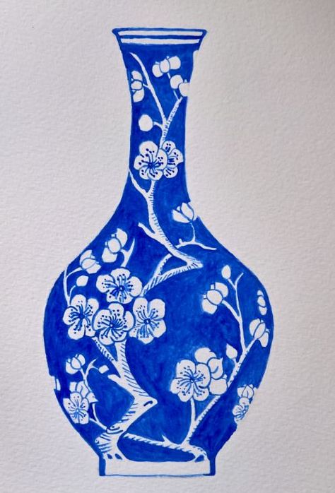 Watercolour, Chinese Vase, Blue and White Ginger Jar Art, Traditional Tattoo Man, Vase Blue And White, Chinoiserie Art, Japanese Vase, Painting Competition, Vase Blue, Chinese Pottery, Chinese Vase