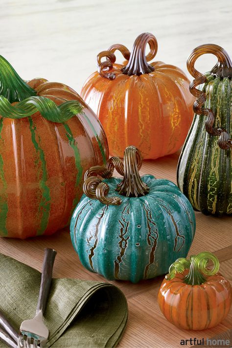 Glass Pumpkin Centerpiece, Glass Pumpkin Decor, Pumpkin Pottery, Pumkin Decoration, Life In The Countryside, Blue Fall Decor, Ceramic Pumpkins, Art Glass Pumpkin, Pumpkin Ceramic