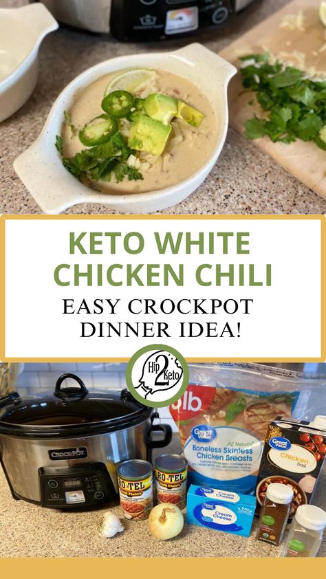 Crockpot Keto White Chicken Chili, Low Carb White Chicken Chili Crockpot, Keto Friendly Crockpot Recipes, White Chicken Chili Low Carb, Chili Easy Crockpot, Low Carb Chicken Chili, Low Carb White Chicken Chili, Keto Chicken Chili, Hip2keto Recipes