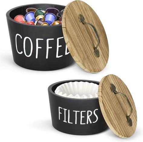 Wood Coffee Station Organizer Counter Top Coffee Station Ideas, Coffee Station Ideas Countertop, Coffee Filter Storage, Counter Coffee Bar, Kaffe Station, Coffee Filters Storage, K Cup Storage, Coffee Bar Accessories, Cup Organizer