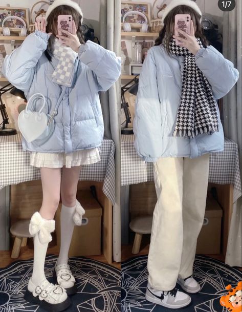 Soft Winter Aesthetic Outfits, Blue Outfit Aesthetic Winter, Blue Winter Outfits Aesthetic, Blue Winter Aesthetic Outfit, Winter Cute Outfits Korean, Winter Outfits Chinese, Winter Outfits Douyin, Winter Douyin Outfits, Winter Outfits Aesthetic Cold Weather