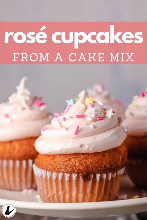 Easy Rosé Cupcakes from a boxed mix. Grab your favorite rosé wine and infuse these fluffy cupcakes. These are a fun and easy dessert to make for a girl's night or friend's birthday. Rose Wine Cupcakes, Girls Night Dessert Ideas, Autumn Appetizer, Alcohol Cupcakes, Adult Cupcakes, Basic Buttercream Recipe, Alcoholic Cupcakes, Infused Food, Wine Cupcakes