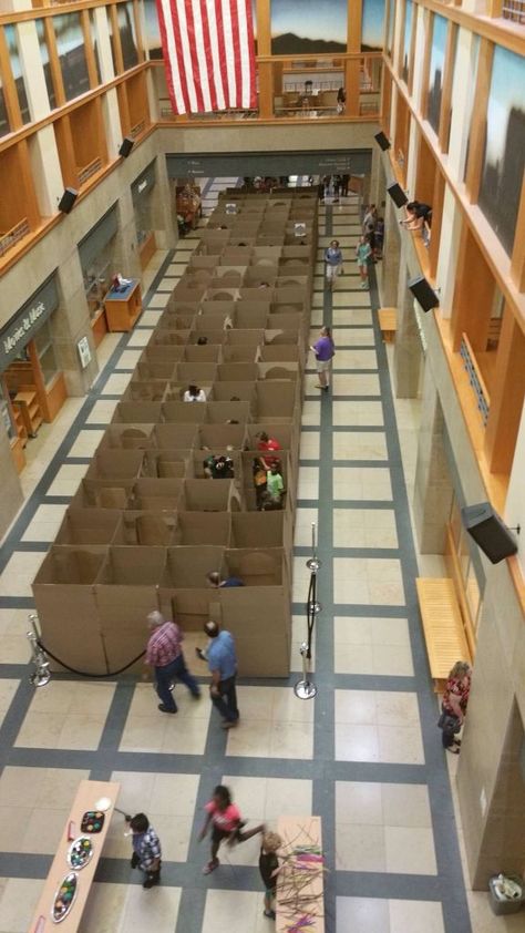 Library Harry Potter, Cardboard Maze, Harry Potter Library, Cardboard City, Cardboard Castle, Youth Games, Family Party Games, Library Programs, Backyard Games